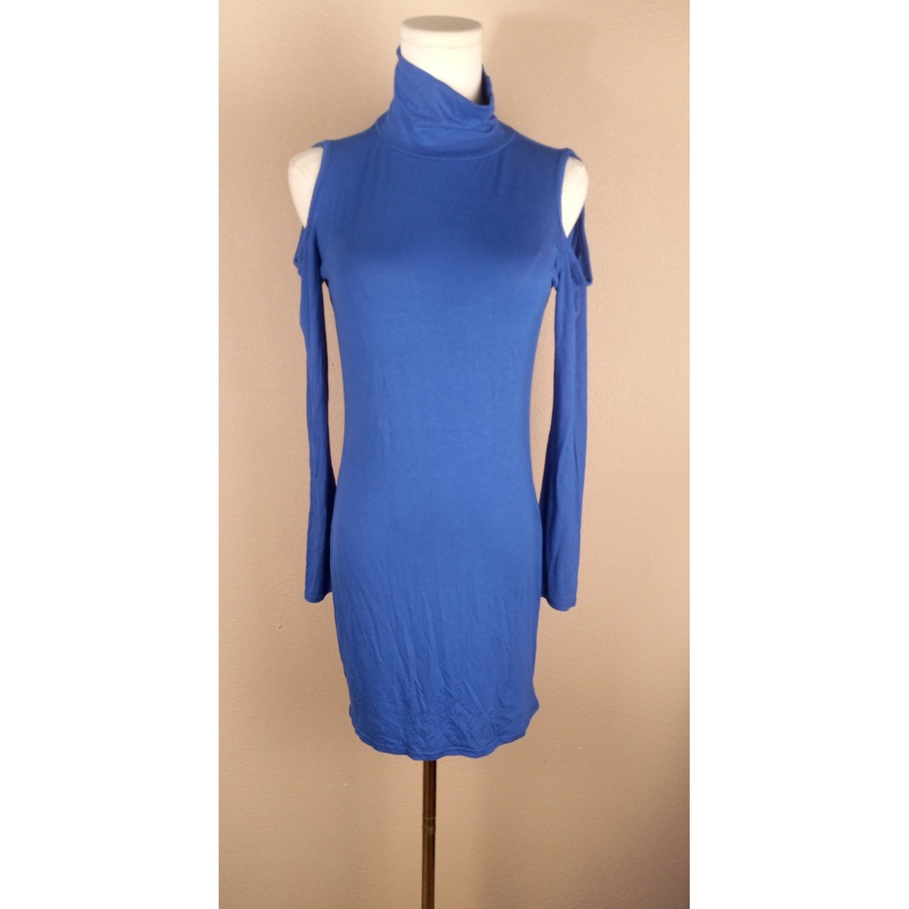 Boohooβ Womens Blue Cold Shoulder Turtleneck Bodycon Mini Dress Size 10